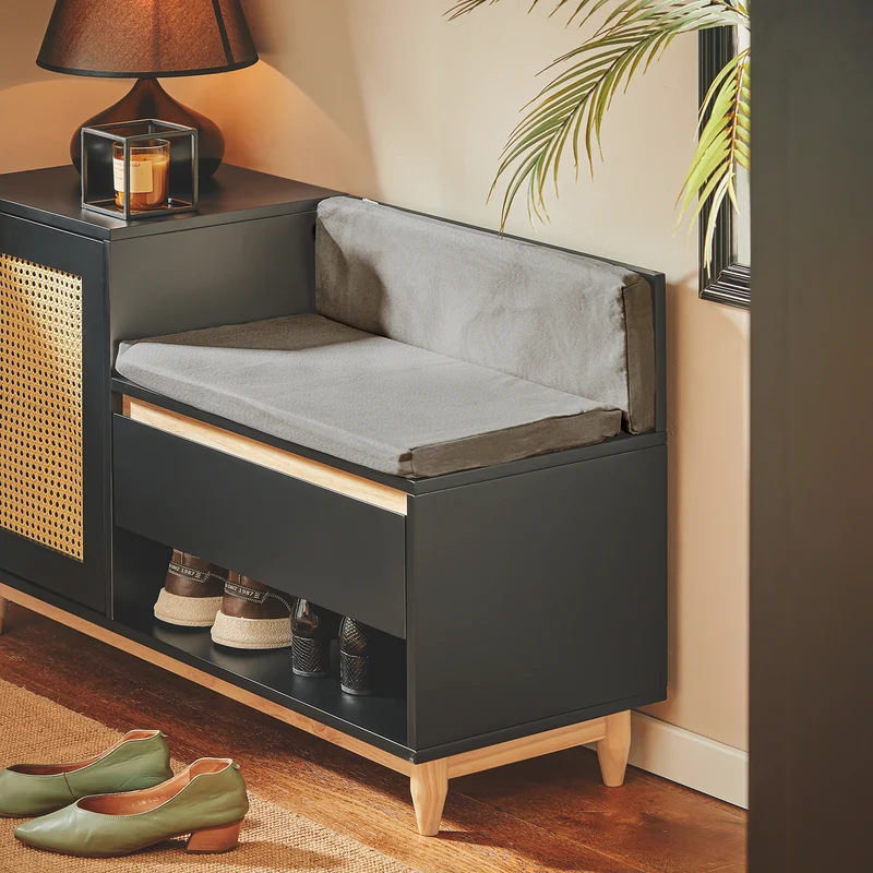 SoBuy FSR128-SCH Banc à Chaussures avec Tiroir, Porte à Treillis et Coussin Confortable, pour Entrée et Couloir, Rangement Optimisé – L100×P35×H60 cm, Noir