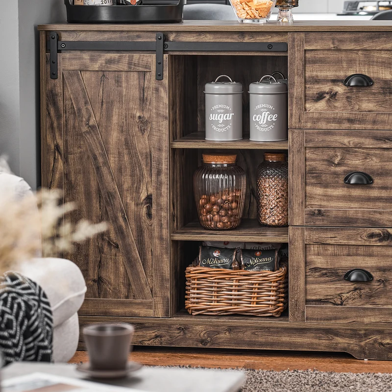 SoBuy KNL08-N îlot Central Mange-Debout Placard de Cuisine Buffet de Rangement Multi-rangements avec 1 Porte de Grange, Porte-Bouteilles, 3 Tiroirs