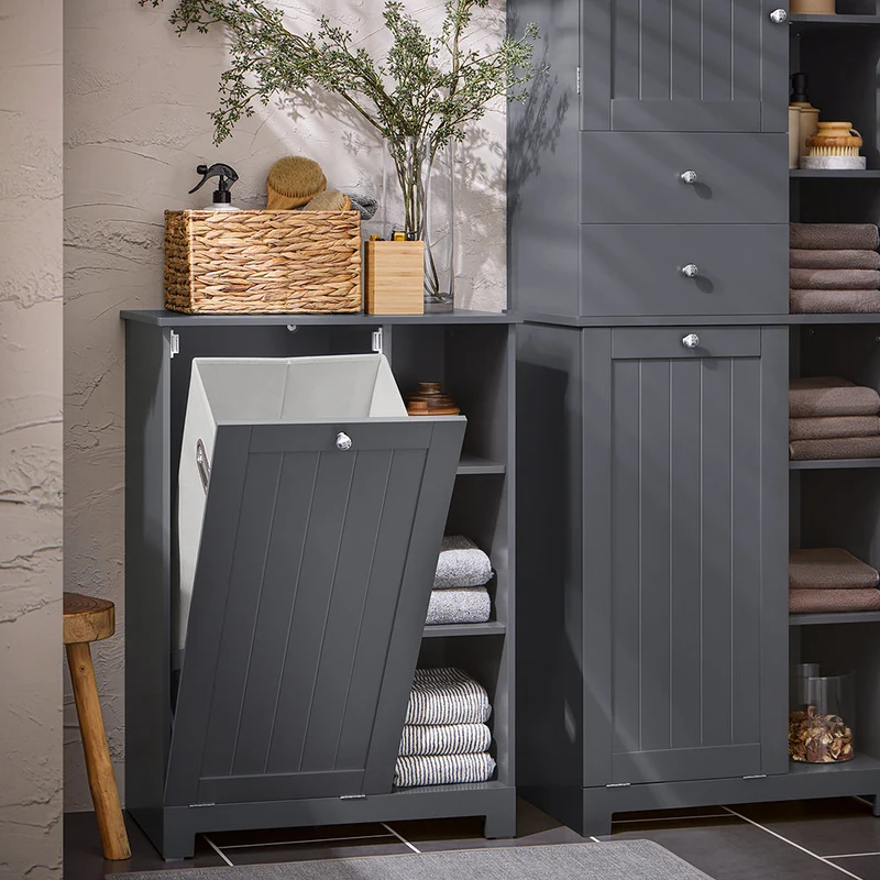 SoBuy BZR105-DG Meuble Bas Armoire à Linge avec Sac à Linge, Coffre à Linge, Porte Vêtement, Corbeille à Linge Sale