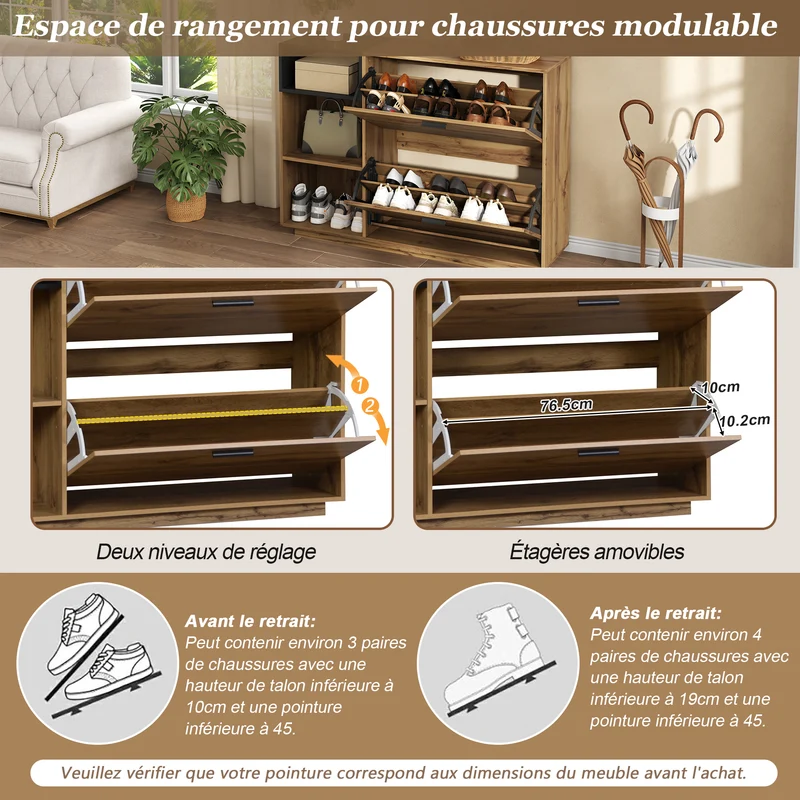 Meuble à chaussures effet bois 2 portes abattantes et 3 niches ouvertes MINIMALISTLEATHERMAX