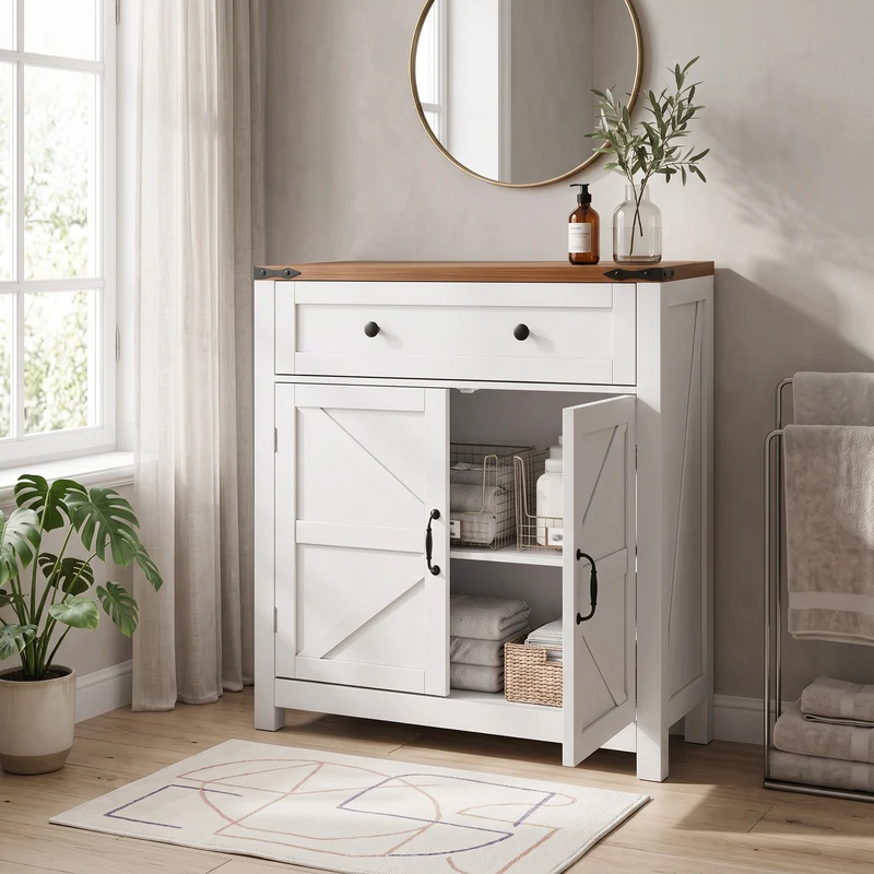 Buffet commode style ferme 2 portes et tiroir, plateau effet noyer, 76 cm LUXURY PLANT HOME