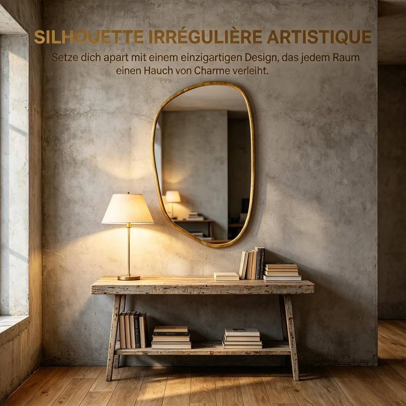 Miroir mural asymétrique en verre trempé, cadre bois naturel 90x60cm IRON PANEL
