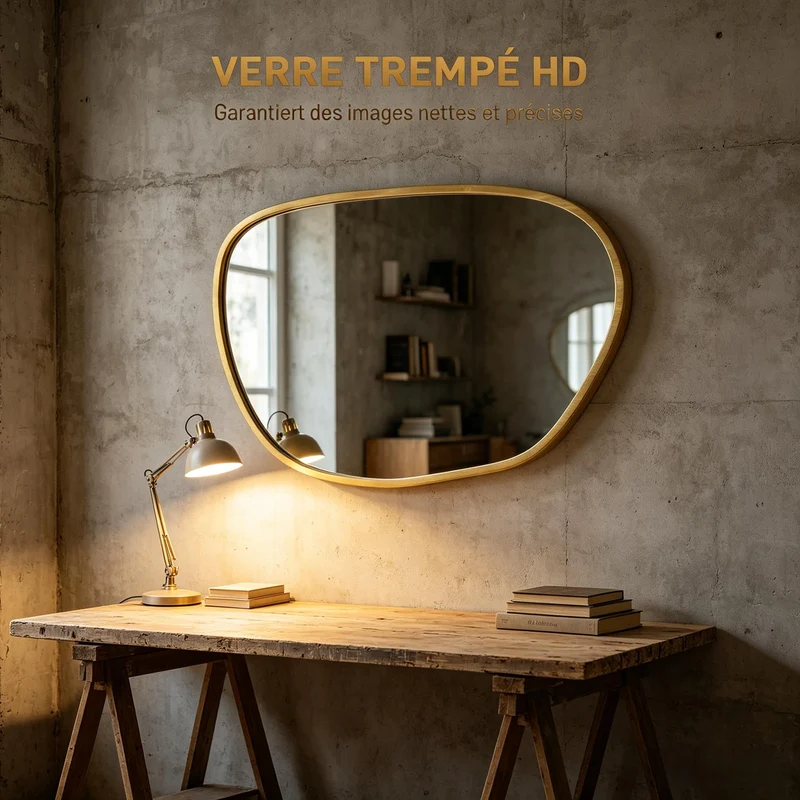 Miroir mural asymétrique en verre trempé, cadre bois naturel 90x60cm IRON PANEL