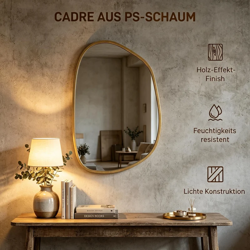 Miroir mural asymétrique en verre trempé, cadre bois naturel 90x60cm IRON PANEL