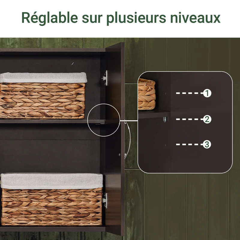 SoBuy FRG231-BR Meuble Haut Salle de Bain Suspendu Armoire Murale avec Étagère Réglable et Porte Rangement Mural Compact pour Salle de Bain, WC ou Cuisine Marron 60x30x60 cm