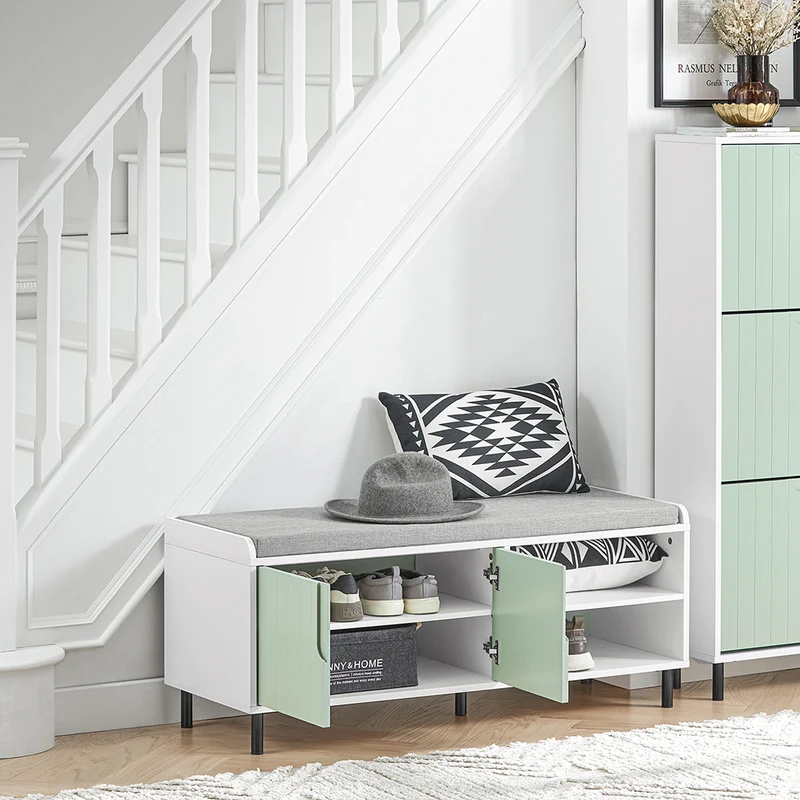SoBuy FSR158-GR Banc de Rangement, Banc à Chaussures, Meuble Chaussures, Meuble Bas Entrée sur Pieds en métal avec coussin rembourré