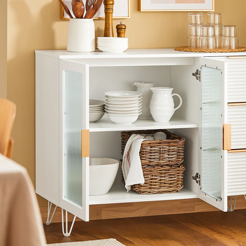 SoBuy FSB86-W Buffet Bas, Commode Armoire de Rangement, Buffet Bahut pour Cuisine Salle à Manger Salon Entrée avec Placard, 3 Tiroirs et 2 Portes Vitrées, 108 x 40 x 85 cm, Blanc