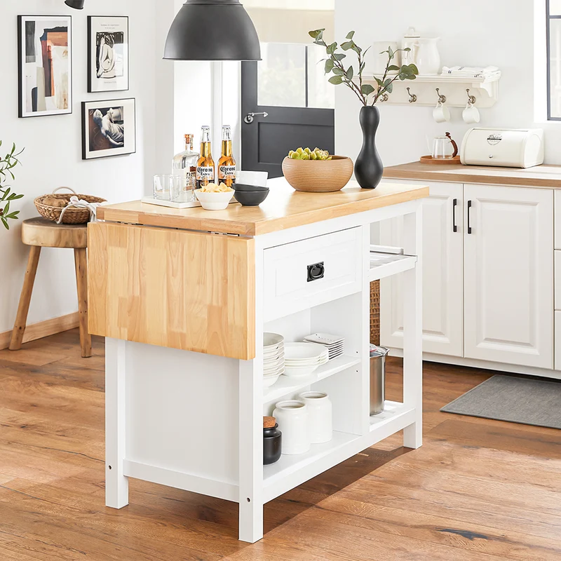 SoBuy KNL06-WN Placard ilot Central de Cuisine avec Plan de Travail Extensible en Bois d'hévéa, 2 Portes, 2 Tiroirs