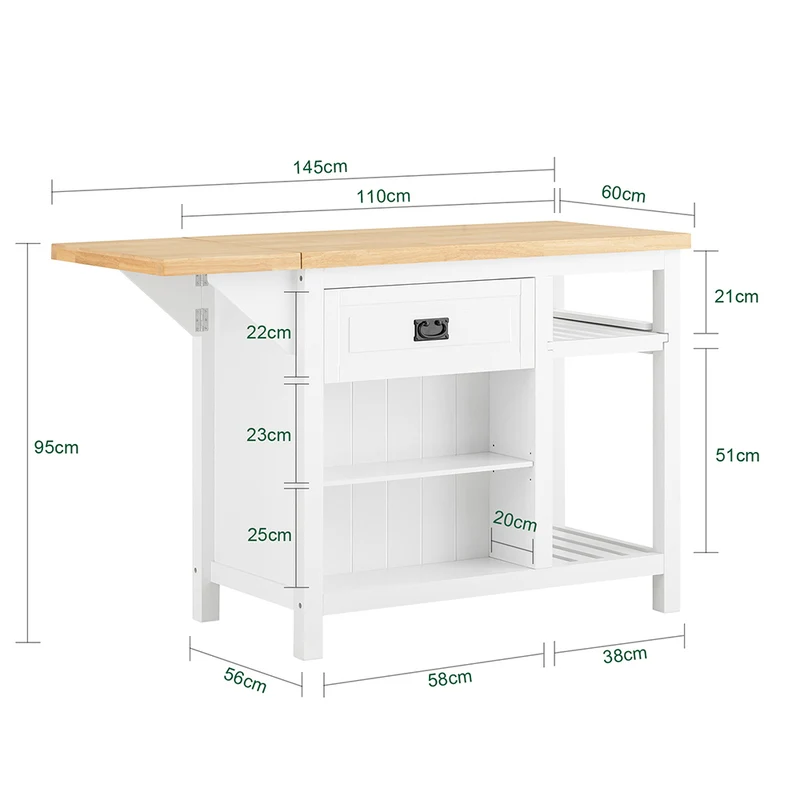 SoBuy KNL06-WN Placard ilot Central de Cuisine avec Plan de Travail Extensible en Bois d'hévéa, 2 Portes, 2 Tiroirs