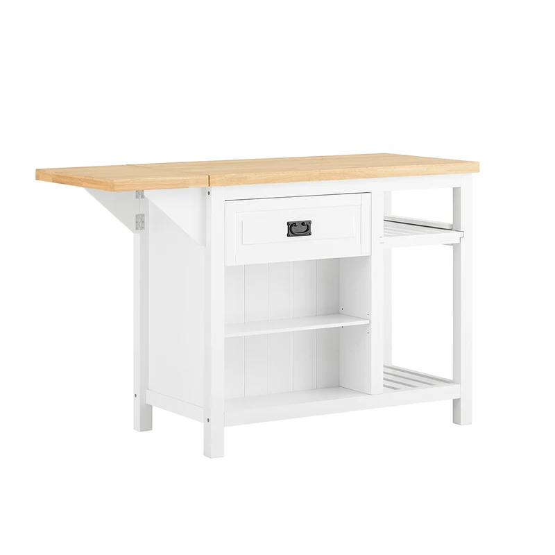 SoBuy KNL06-WN Placard ilot Central de Cuisine avec Plan de Travail Extensible en Bois d'hévéa, 2 Portes, 2 Tiroirs