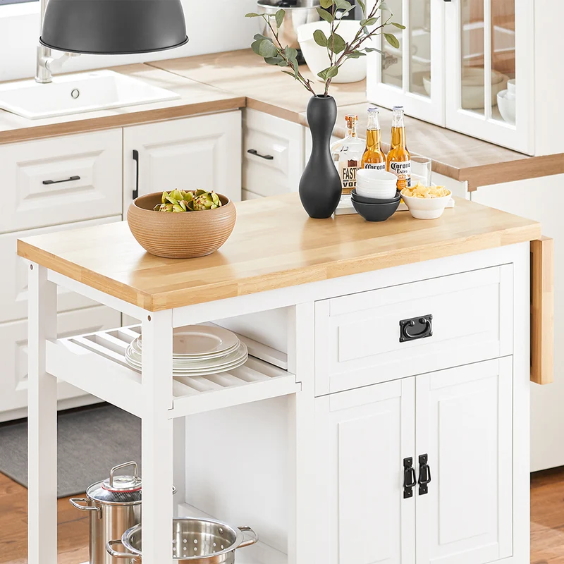 SoBuy KNL06-WN Placard ilot Central de Cuisine avec Plan de Travail Extensible en Bois d'hévéa, 2 Portes, 2 Tiroirs