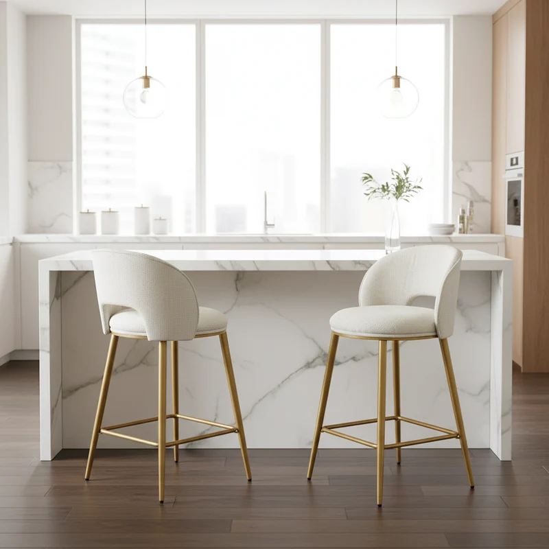 Lot de 2 tabourets de bar chenille beige avec dossier ajouré, pieds dorés FLAREKAEL