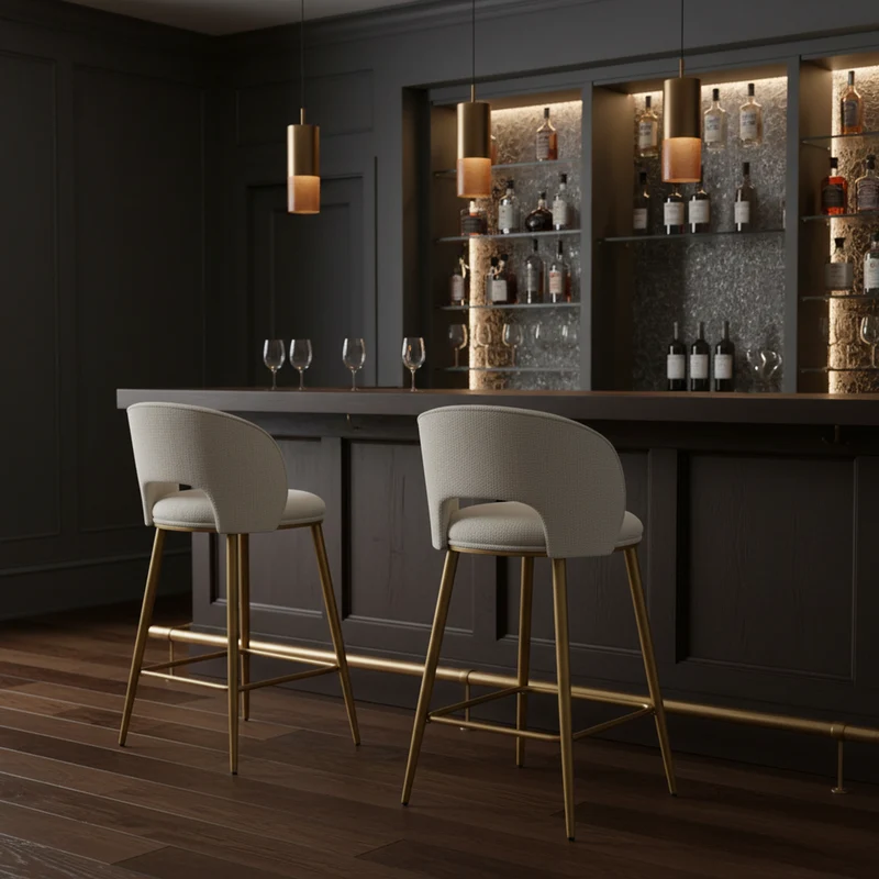 Lot de 2 tabourets de bar chenille beige avec dossier ajouré, pieds dorés FLAREKAEL