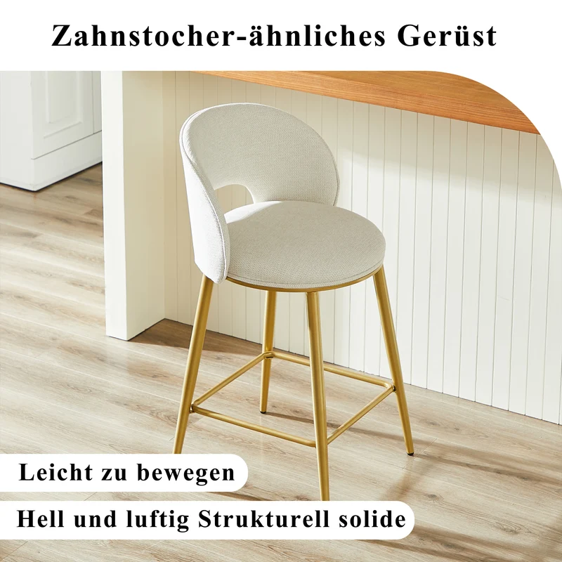 Lot de 2 tabourets de bar chenille beige avec dossier ajouré, pieds dorés FLAREKAEL