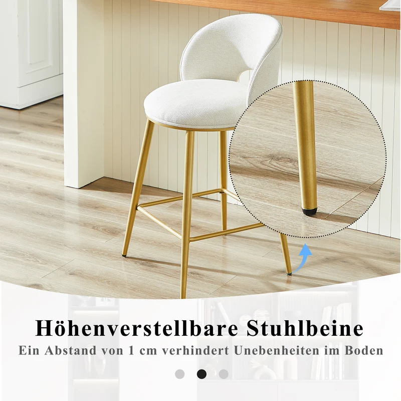 Lot de 2 tabourets de bar chenille beige avec dossier ajouré, pieds dorés FLAREKAEL