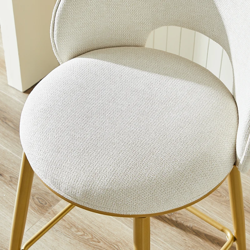 Lot de 2 tabourets de bar chenille beige avec dossier ajouré, pieds dorés FLAREKAEL