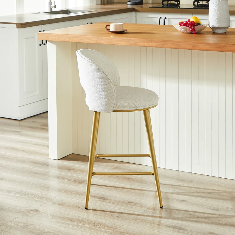 Lot de 2 tabourets de bar chenille beige avec dossier ajouré, pieds dorés FLAREKAEL