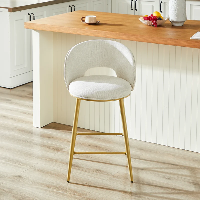 Lot de 2 tabourets de bar chenille beige avec dossier ajouré, pieds dorés FLAREKAEL