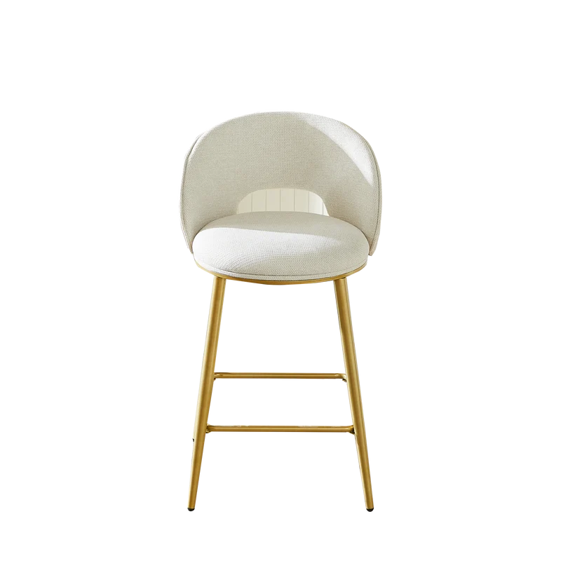Lot de 2 tabourets de bar chenille beige avec dossier ajouré, pieds dorés FLAREKAEL