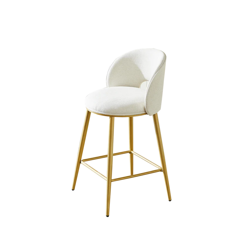 Lot de 2 tabourets de bar chenille beige avec dossier ajouré, pieds dorés FLAREKAEL