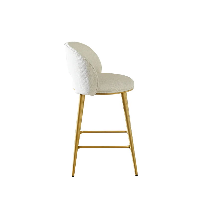 Lot de 2 tabourets de bar chenille beige avec dossier ajouré, pieds dorés FLAREKAEL
