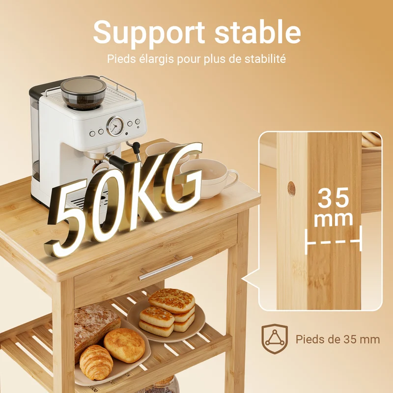 SoBuy FKW135-N Desserte de cuisine en bambou carbonisé 58 cm avec tiroir et roulettes – Chariot de cuisine naturel