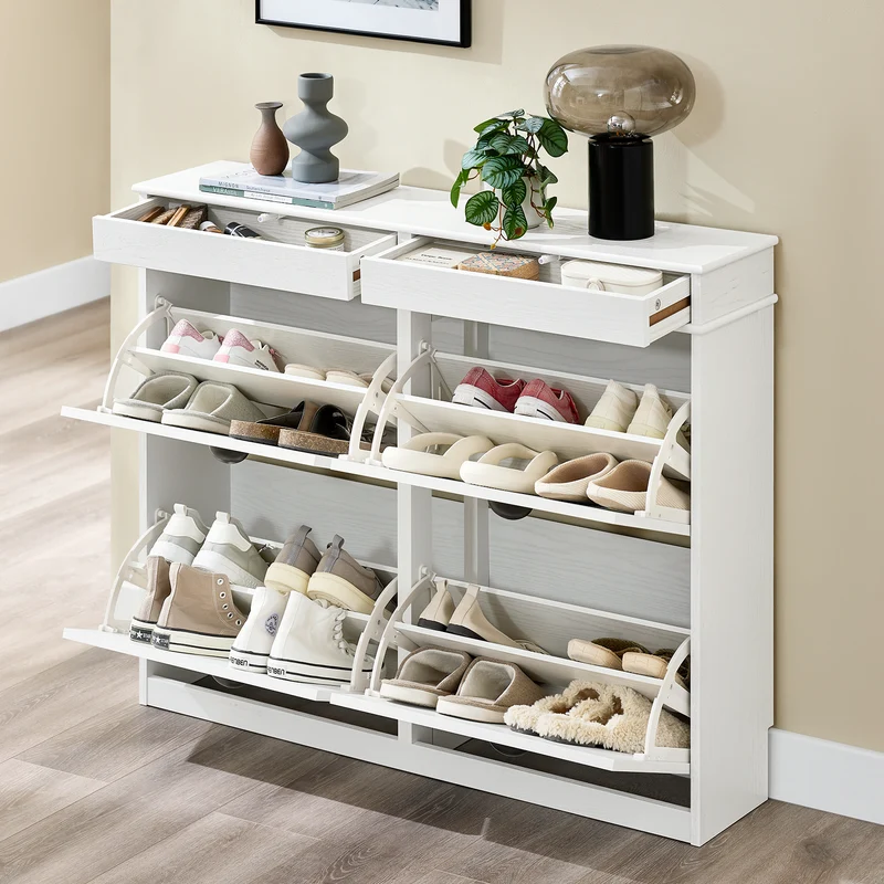 SoBuy FSR79-WG Meuble à Chaussures Slim 23 cm – 16 Paires, 4 Abattants, Blanc Effet Bois Vieilli