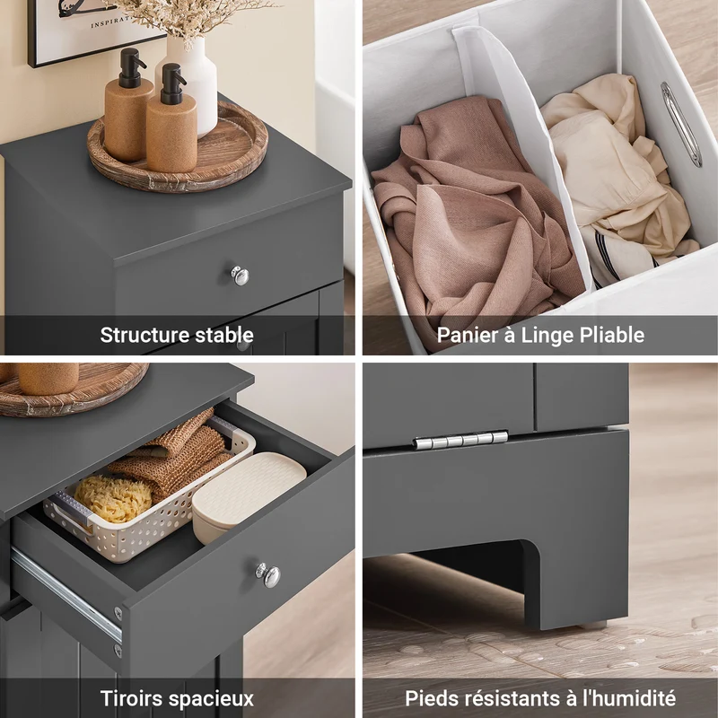 SoBuy BZR21-II-DG Meuble Salle de Bain avec Panier à Linge, 1 Tiroir et 1 Panier, Pliable, pour Salle de Bain et WC, Rangement Optimisé – L40×P38×H90 cm, Gris
