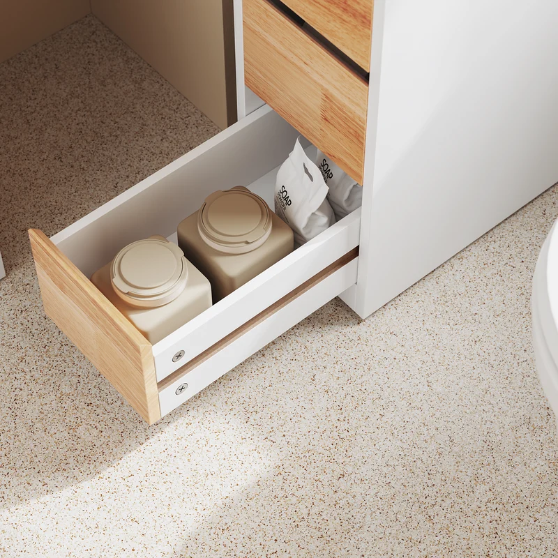 SoBuy BZR54-III-WN Meuble Salle de Bain Slim 23 cm à Roulettes – 3 Tiroirs – Blanc et Bois Naturel