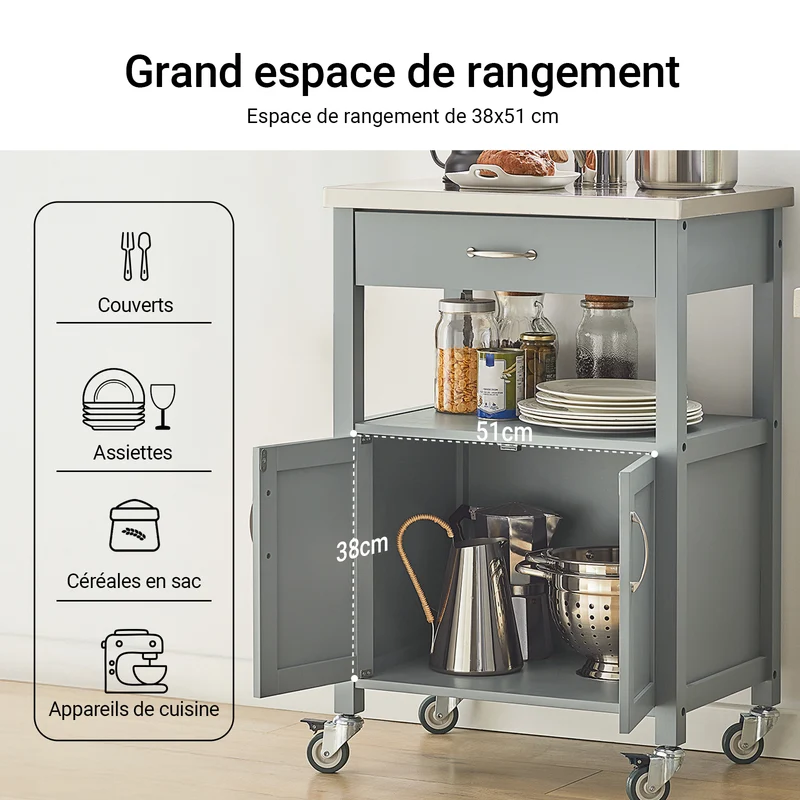 SoBuy FKW22-HG Desserte Cuisine avec Roulettes, Format Compact, Usage Polyvalent, Mobile, pour Cuisine et Salle à Manger, Usage Quotidien – L60×P44×H92 cm, Gris
