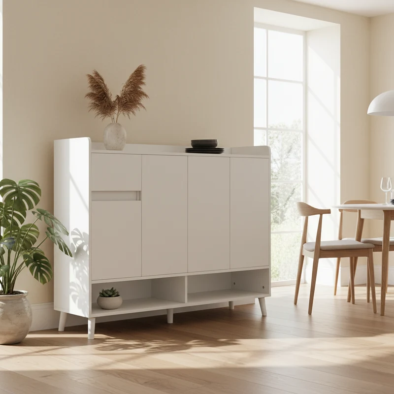 Buffet moderne blanc 4 portes 1 tiroir 120x99x35cm MERIDIANNOVA