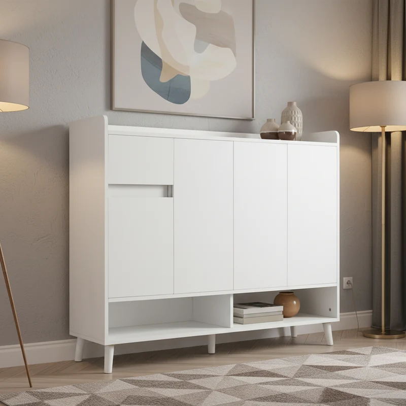 Buffet moderne blanc 4 portes 1 tiroir 120x99x35cm MERIDIANNOVA