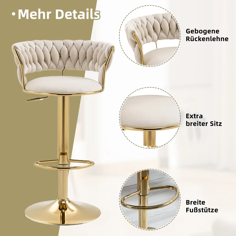 Lot de 2 tabouret de bar pivotant 360° en velours beige, hauteur réglable FLAREDYNE