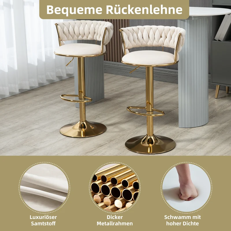 Lot de 2 tabouret de bar pivotant 360° en velours beige, hauteur réglable FLAREDYNE