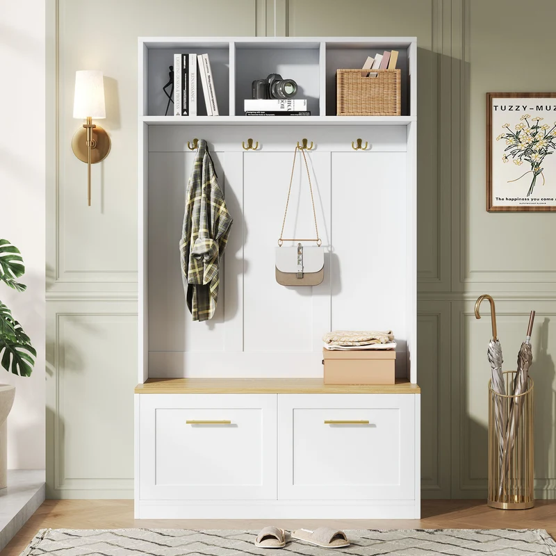 Vestiaire à l'entrée blanc compacte avec banc, rangement ouvert et 2 portes 105x40x180cm MERIDIANSOL