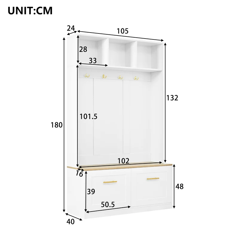 Vestiaire à l'entrée blanc compacte avec banc, rangement ouvert et 2 portes 105x40x180cm MERIDIANSOL