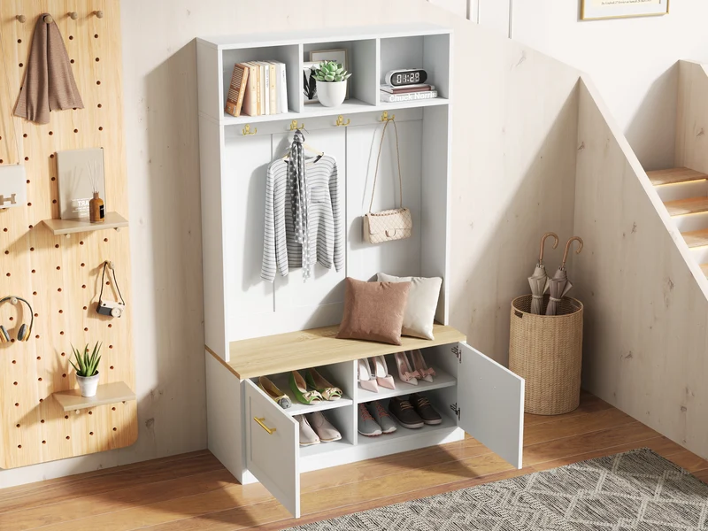 Vestiaire à l'entrée blanc compacte avec banc, rangement ouvert et 2 portes 105x40x180cm MERIDIANSOL