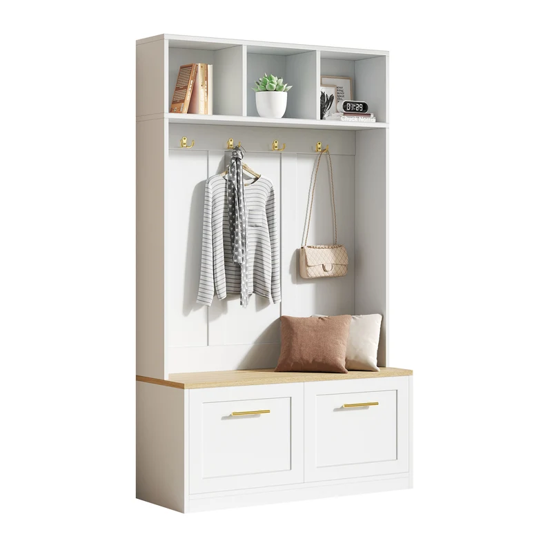 Vestiaire à l'entrée blanc compacte avec banc, rangement ouvert et 2 portes 105x40x180cm MERIDIANSOL