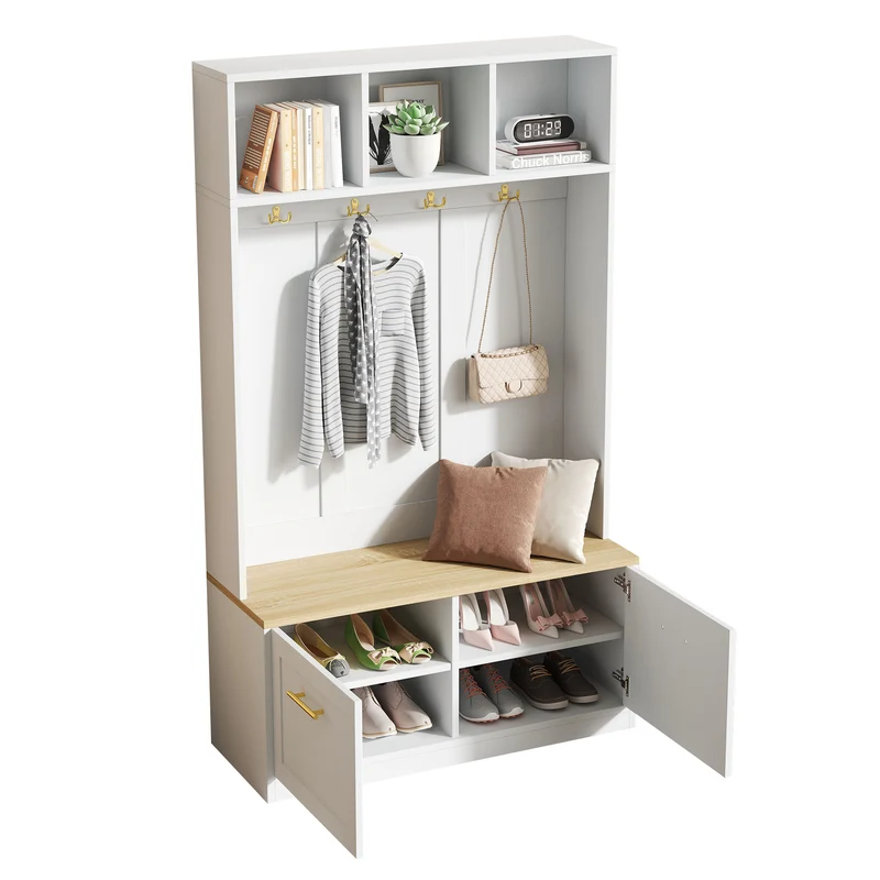 Vestiaire à l'entrée blanc compacte avec banc, rangement ouvert et 2 portes 105x40x180cm MERIDIANSOL