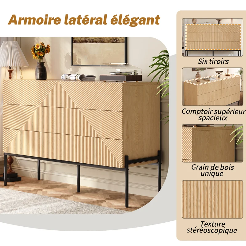 Buffet effet bois naturel géométrique 3D, 6 tiroirs 115,5x38x75cm CASCADEDYNE
