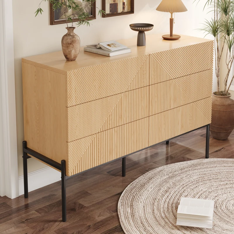 Buffet effet bois naturel géométrique 3D, 6 tiroirs 115,5x38x75cm CASCADEDYNE
