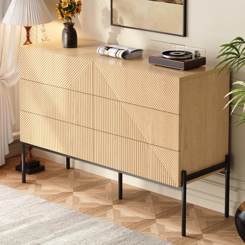 Buffet effet bois naturel géométrique 3D, 6 tiroirs 115,5x38x75cm CASCADEDYNE