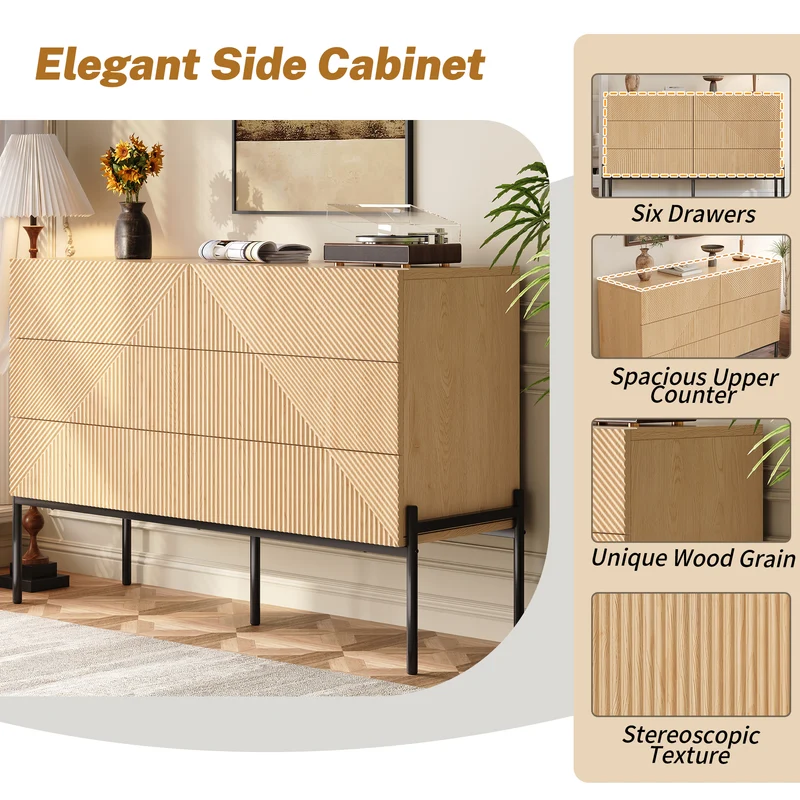 Buffet effet bois naturel géométrique 3D, 6 tiroirs 115,5x38x75cm CASCADEDYNE