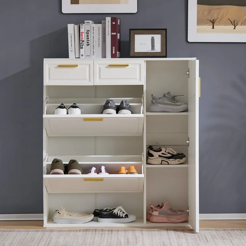 Meuble à chaussures blanc avec tiroirs, étagères réglables KINKREK WHITE