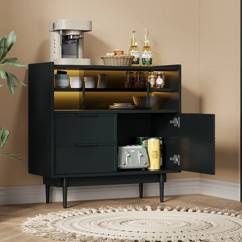 Buffet noir motifs géométriques avec éclairage LED 80*35cm QHELQADS