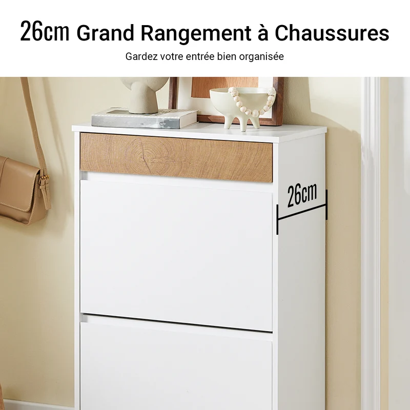 SoBuy FSR205-WN Meuble à Chaussures Gain de Place – Entrée Étroite – 61x26x91 cm Blanc et Naturel