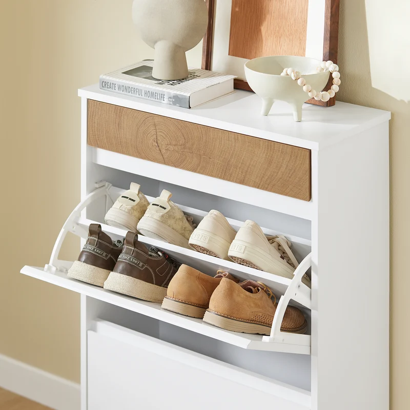 SoBuy FSR205-WN Meuble à Chaussures Gain de Place – Entrée Étroite – 61x26x91 cm Blanc et Naturel