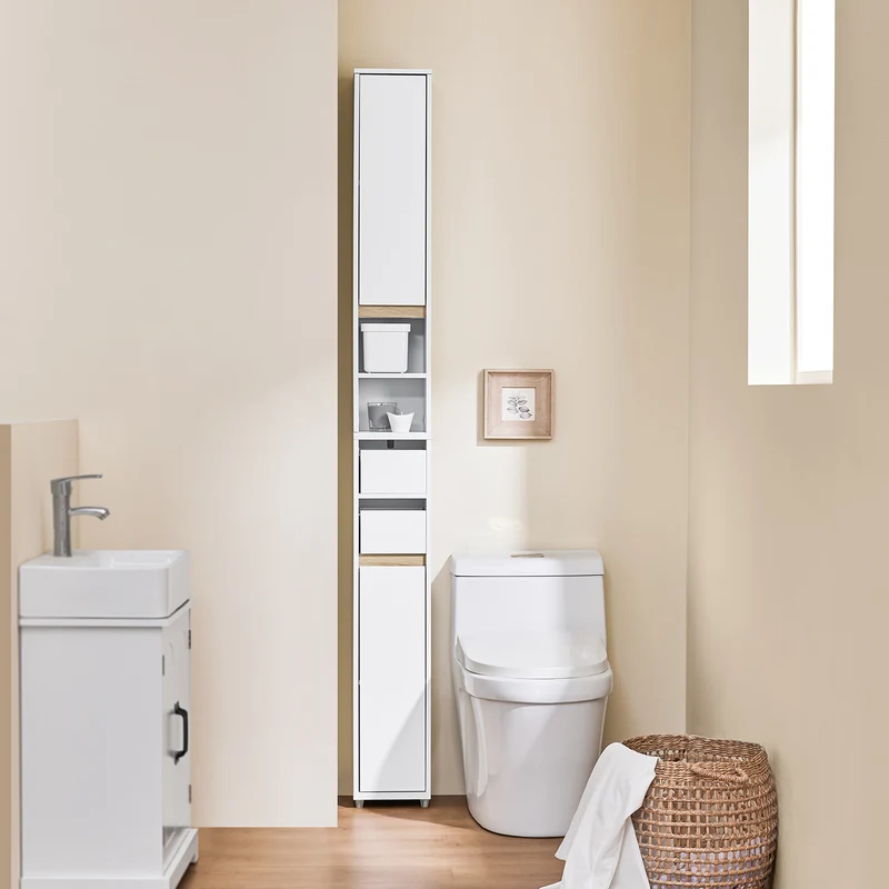 SoBuy BZR151-W Meuble de Salle de Bain Ultra-Étroit avec Étagère Réglable et Tiroir Repositionnable – L20×P20×H96 cm, Charge 30 kg, PB/MDF E1, Blanc