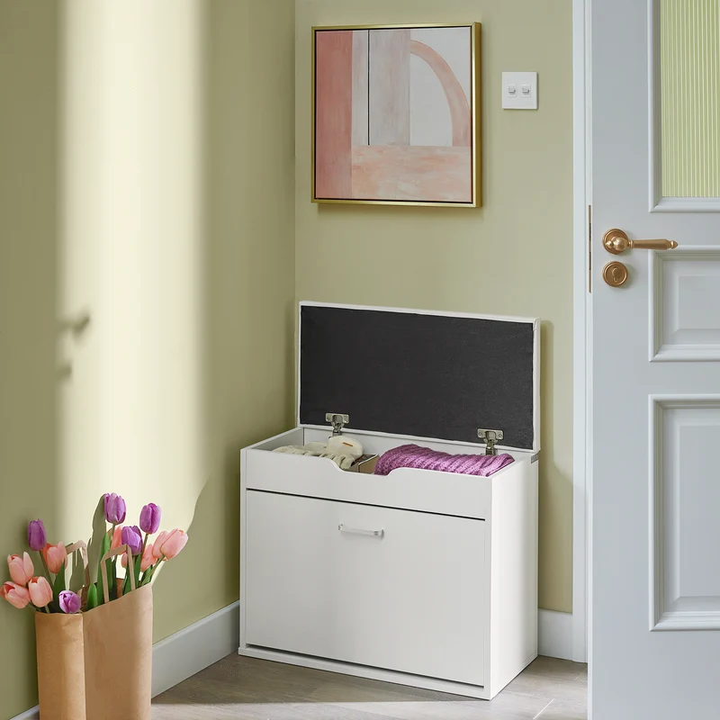 SoBuy FSR95-W Banc à Chaussures avec Coussin Rembourré et 1 Abattant – 8 Paires sur 2 Niveaux, Charge 150 kg, 60×30×50 cm, Blanc