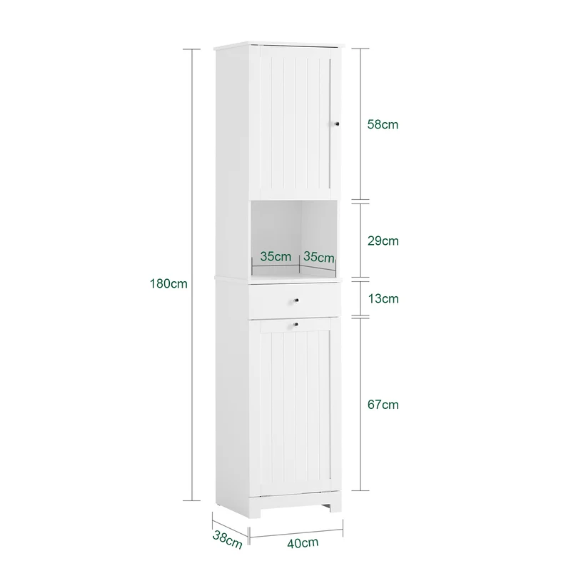 SoBuy BZR216-W Colonne de Salle de Bain avec Panier à Linge 45 L, Tiroir, Étagère Réglable et Porte Réversible – Charge 34 kg – 40×38×180 cm, Blanc